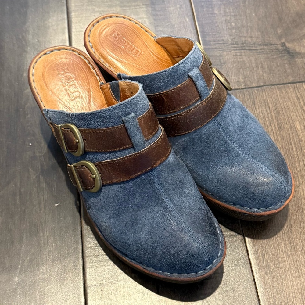 Born Blue with Brown Buckle Heeled Clog Size 8